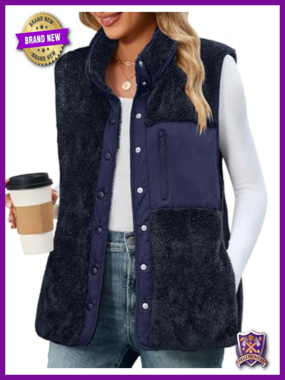Sherpa Fleece Vest Sleeveless Snap Button Pockets Fall Layering